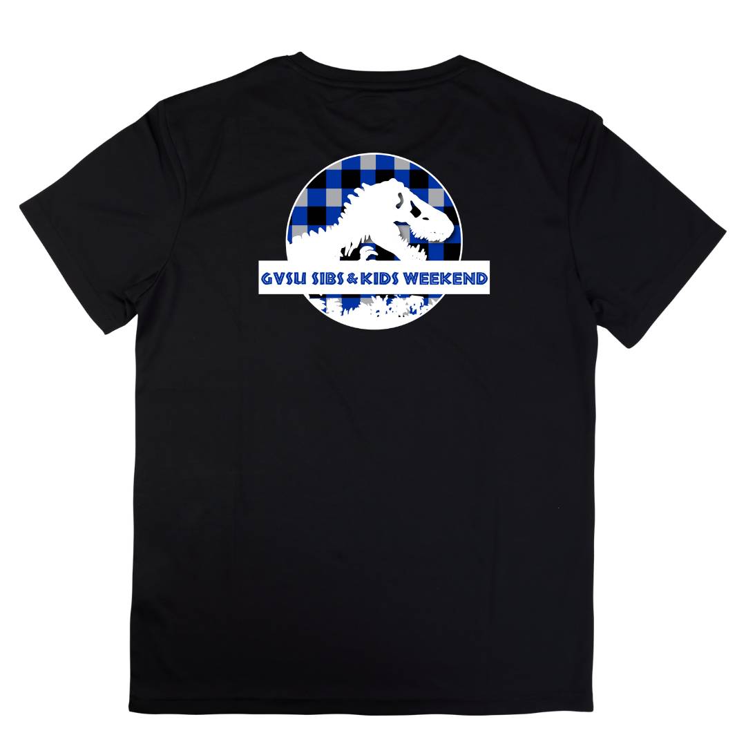 Sibs and Kids T Shirt. Black T Shirt with white dinosaur that has text over top that reads, "GVSU Sibs and Kids Weekend"